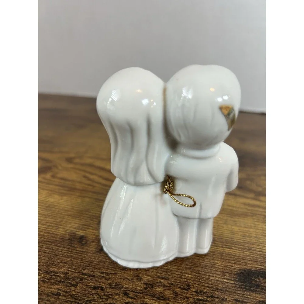 Vintage Ceramic Bride & Groom Wedding Bell White Porcelain Figurine Keepsake
